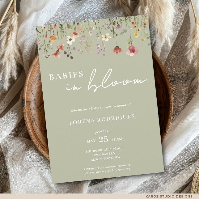 Convites Bebês Flor Silvestre em Flor Chá de Bebê (The front of the invitation is shown in 5x7-inch size.Choose size, paper, and corner style)