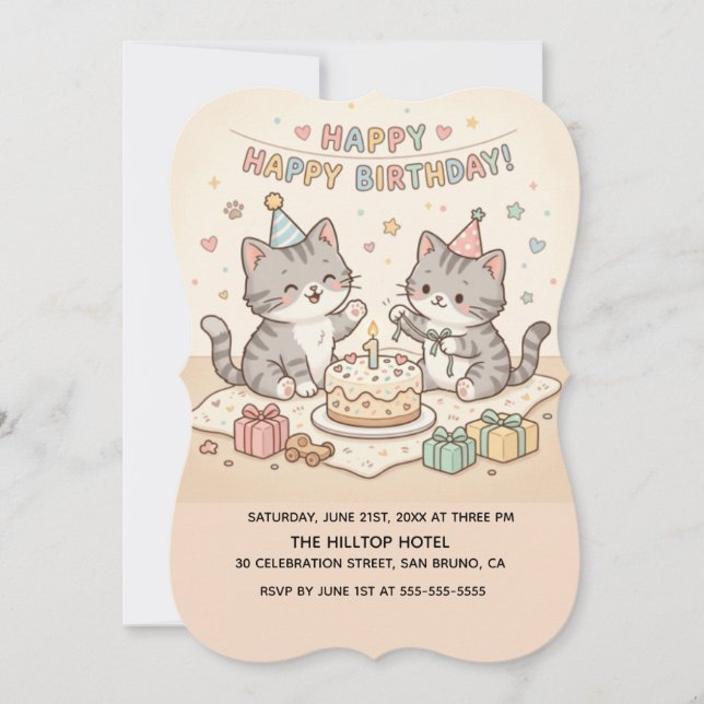 Convites Bebês gatinhos fofos aniversário (Frente)