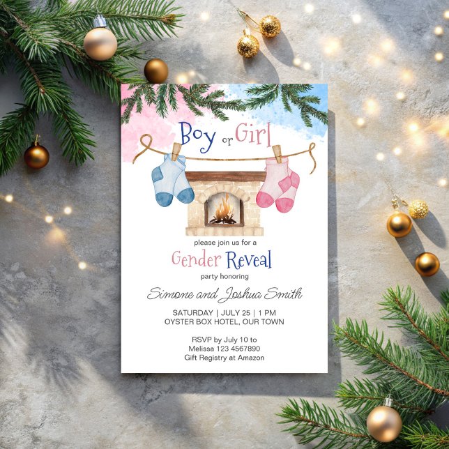 Convites Bebês meias de inverno gêneros de Natal revelam (Baby socks winter Christmas gender reveal pink blue Invitation template)