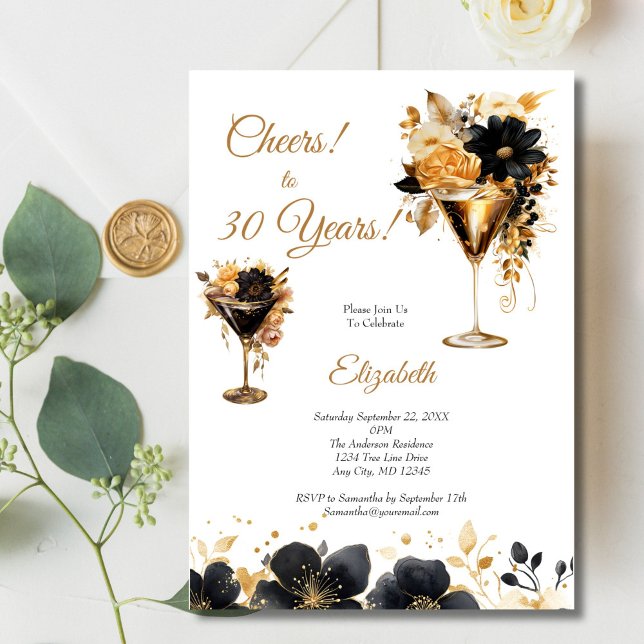 Convites Bebidas de Coquetéis Florais Ouro Preto Aniversári (Black gold Florals and Cocktails 30th birthday party invitation for her. Printed or Digital Download)