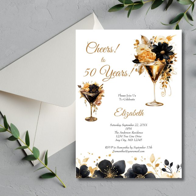 Convites Bebidas de Coquetéis Ouro Preto Florais 50º Aniver (Black Gold Watercolor Florals Cocktails 50th Birthday party invitation for her. Digital or Printed)