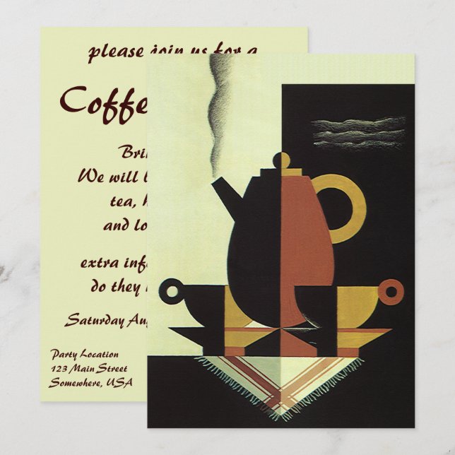 Convites Bebidas de Drinks Vintage Cafeteira com Xícaras (Frente/Verso)