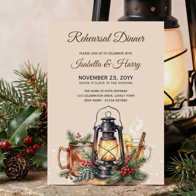 Convites Bebidas Lanterna de Inverno Jantar de Ensaios (Rehearsal Dinner invitation for the winter and christmas holiday season by Darling & May)