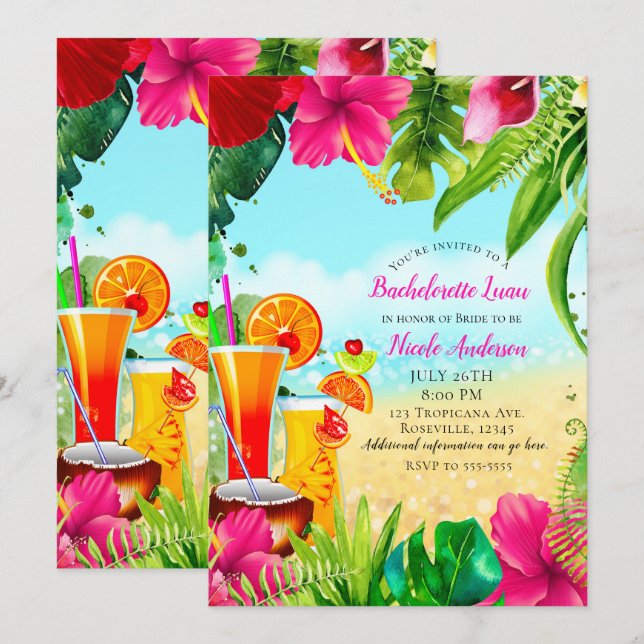 Convites Bebidas Tropicais Festa de Solteira de Verão Luau (Frente/Verso)