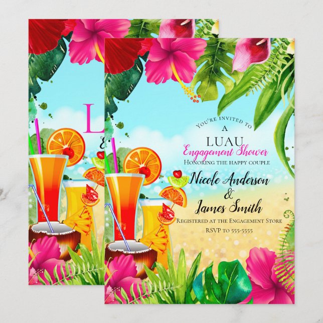 Convites Bebidas Tropicais & Flores Luau de Verão Engajamen (Frente/Verso)