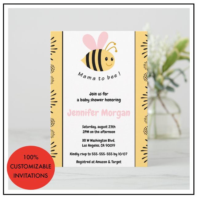 Convites Bee baby chuer convida Mamãe a abelha (Bee-baby-shower-invitations-Mommy-to-bee-Bumblebe-pink)