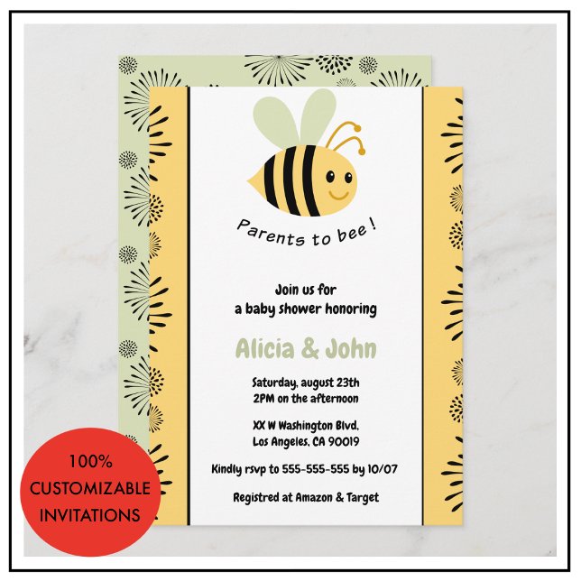 Convites Bee baby shower convida coed bumblebee (Bee baby shower invitations coed bumblebee gender neutral)