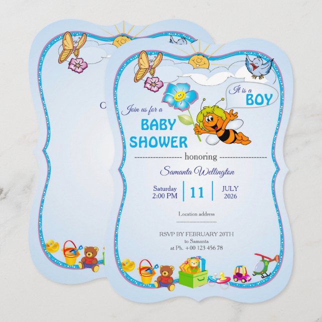Convites Bee Baby Shower Invitation for boy (Frente/Verso)