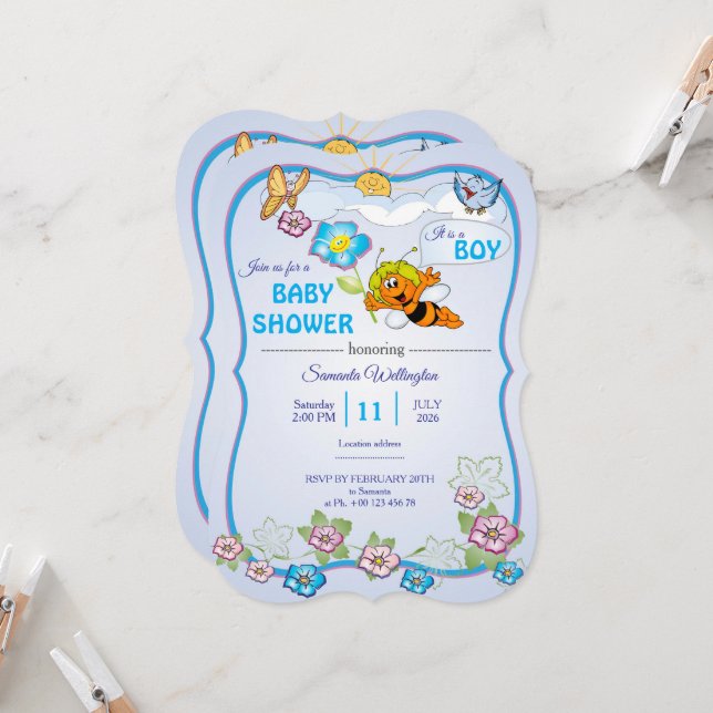 Convites Bee Baby Shower Invitation for boy (Frente/Verso In Situ)