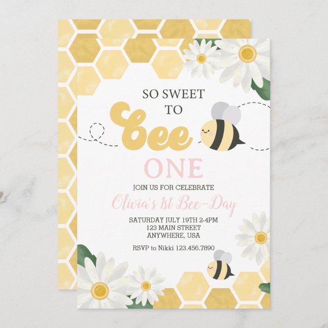 Convites Bee Day Bumblebee primeiro aniversario Daisy (Frente/Verso)