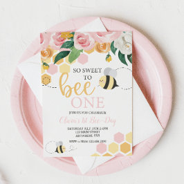 Convites Bee Day Bumblebee primeiro aniversario rosa Flor I