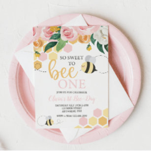 Convites Bee Day Bumblebee primeiro aniversario rosa Flor I