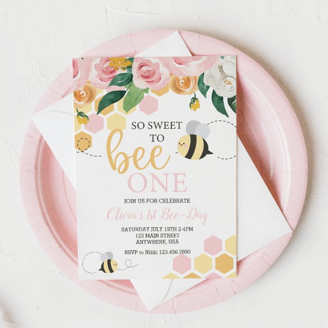 Convites Bee Day Bumblebee primeiro aniversario rosa Flor I (Criador carregado)