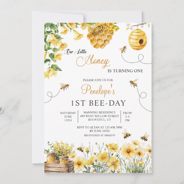 Convites Bee Flower Our Little Honey Is Turning Birthday (Frente)