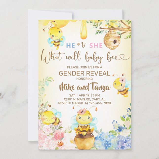 Convites Bee gender reveal invite, bumblebee, honeybee. (Frente)