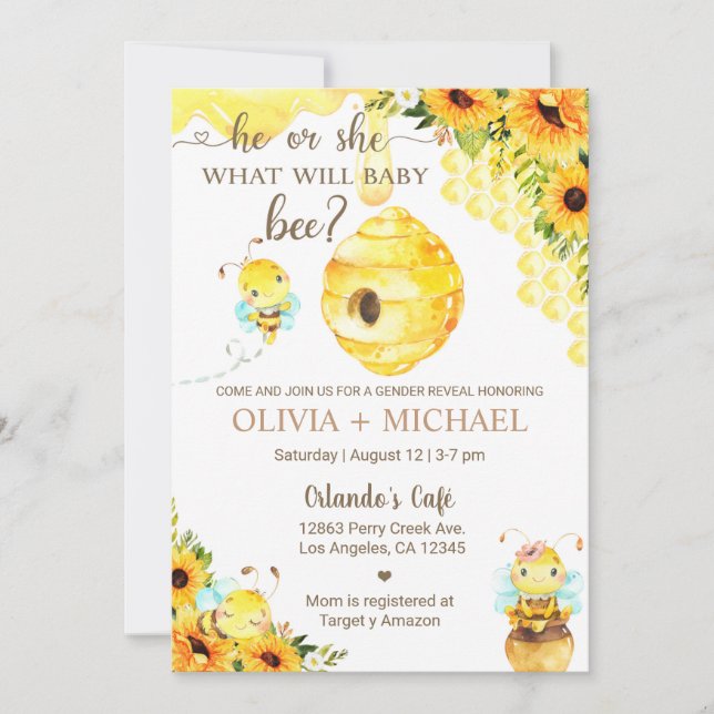 Convites Bee gender reveal invite, bumblebee, honeybee. (Frente)