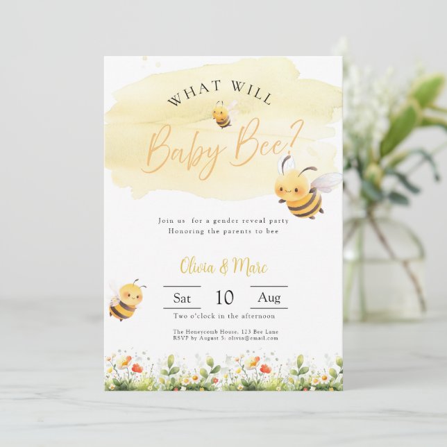 Convites Bee Gender Reveal • What Will Baby Bee (Em pé/Frente)