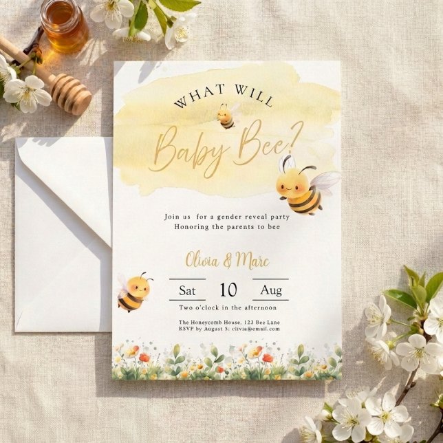 Convites Bee Gender Reveal • What Will Baby Bee (What will baby bee? Gender reveal invitation)
