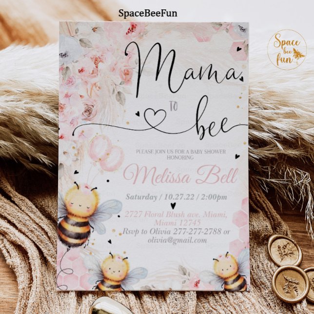 Convites Bee Honey convida a Chá de fraldas Mama para ser b (Bee Honey Birthday invitation Boho Pampas Grass Girl Bee Honey Party Pink So Sweet to Bee invites On)
