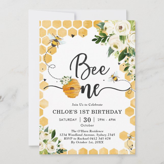 Convites Bee One Honey Bee Floral 1st Birthday Invitation (Frente)