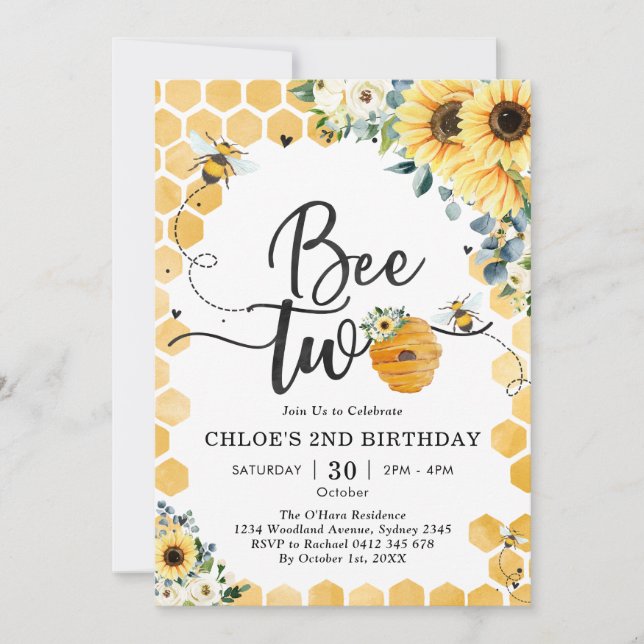 Convites Bee Two Honey Bee 2nd Birthday Invitation (Frente)