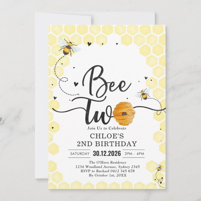 Convites Bee Two Honey Bee 2nd Birthday Invitation (Frente)