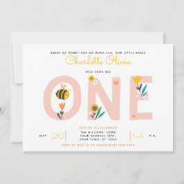 Convites Bee Yellow & Pink Floral ONE Baby's primeiro anive