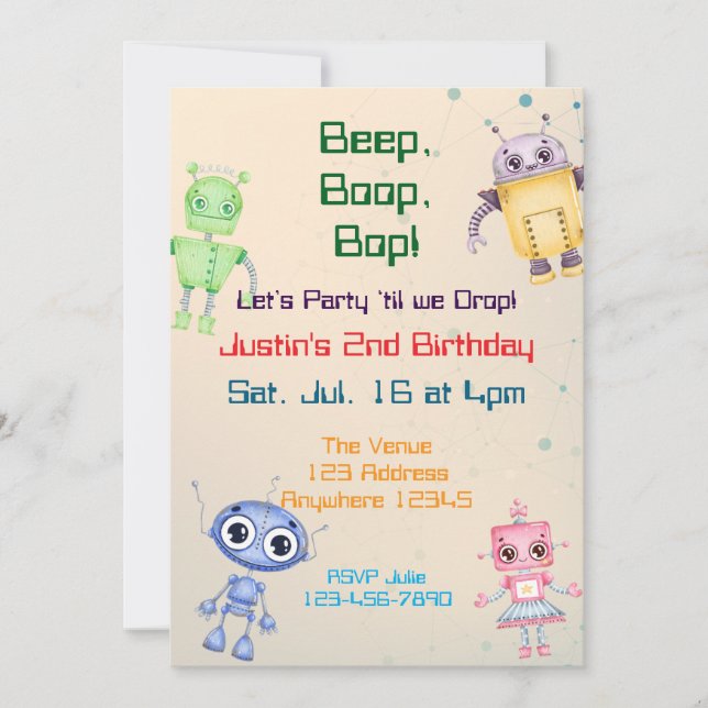 Convites Beep Boop Bop Robot Birthday (Frente)