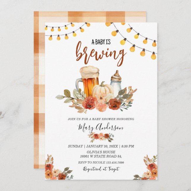Convites Beer Baby Is Brewing Fall Baby Shower  (Frente/Verso)