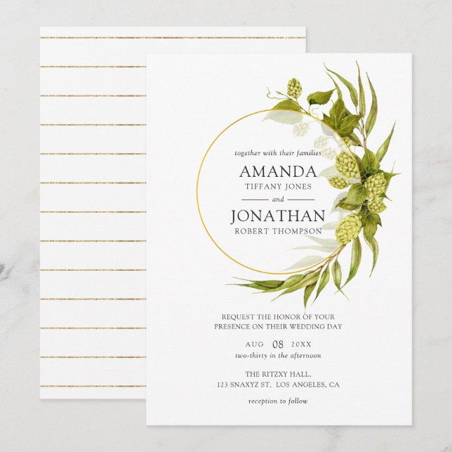 Convites Beer Willow Greenery e Casamento Geométrico Dourad (Frente/Verso)