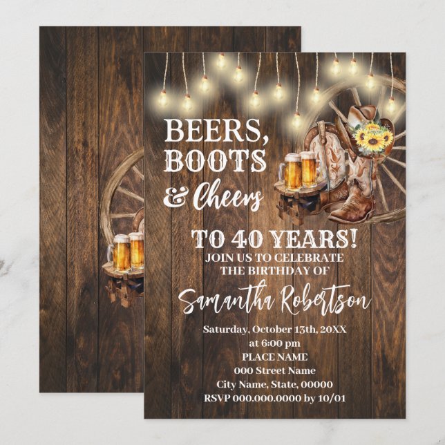 Convites Beers Boots & Cheers Sunflower Western Birthday (Frente/Verso)