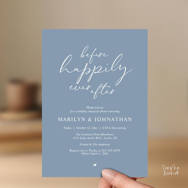Convites Before Happily Ever After, Romantic Rehearsal (Before Happily Ever After, Modern Romantic Rehearsal Dinner Invitation Card in Dusty Blue)