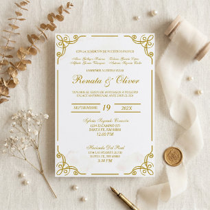 Convites Bege com caligrafia emoldurada casamento espanhol
