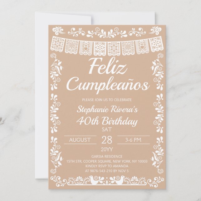 Convites Bege Feliz Cumpleaños 40º Aniversário  (Frente)