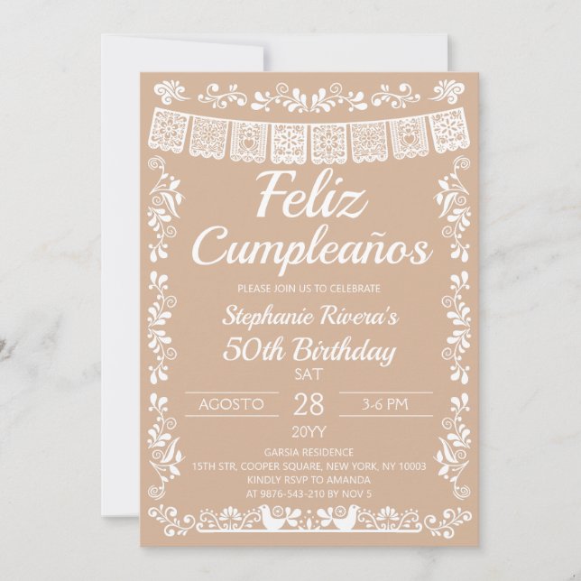 Convites Bege Feliz Cumpleaños Aniversário (Frente)