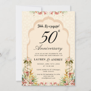 Convites Bege Floral Aniversário de 50 Anos de Casamento