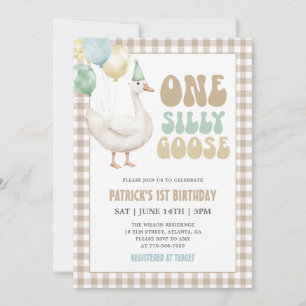 Convites Bege Gingham Um Ganso Tolo 1º Aniversário