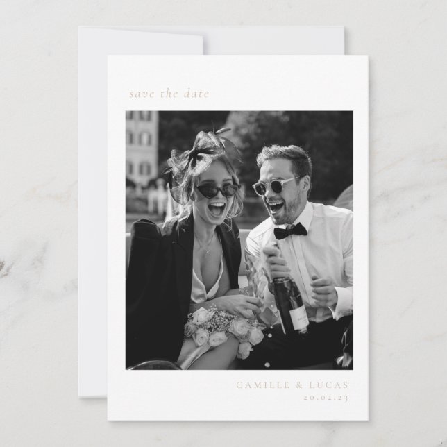 Convites Bege Minimalista Elegante Foto Salve a data (Frente)