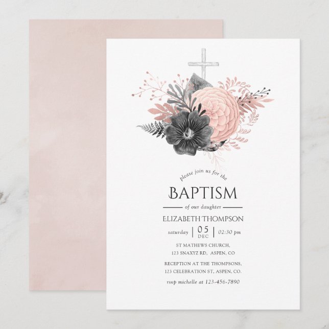 Convites Bege Pastel Rosa e Floral Baptism Charcoal (Frente/Verso)