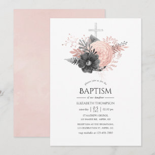 Convites Bege Pastel Rosa e Floral Baptism Charcoal