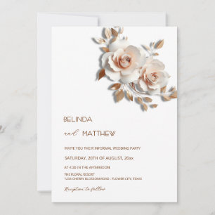 Convites Bege Rosa Dourado Flores 3D Simples