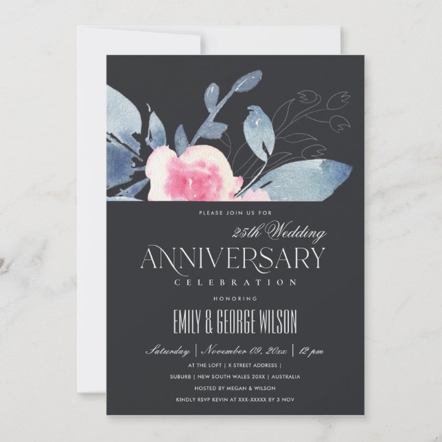 CONVITES BEGE ROSADO AZUL FLORAL 25º ANIVERSÁRIO DE QUALQUE (Frente)
