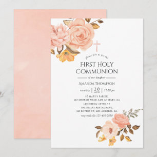 Convites Bege Rosado e Floral Dourado Primeira Comunhão