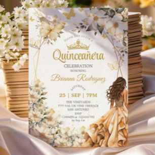 Convites Bege Tiara Dourada Floral Borboleta Quinceañera 