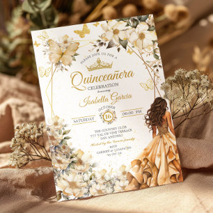 Convites Bege Tiara Floral Dourada Borboletas Quinceañera
