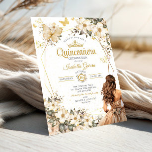 Convites Bege Tiara Floral Dourada Borboletas Quinceañera