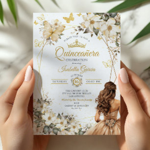 Convites Bege Tiara Floral Dourada Borboletas Quinceañera