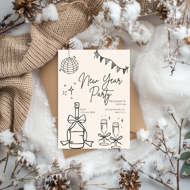 Convites Beige and Black Doodle Simple New Year's Eve Party (Criador carregado)