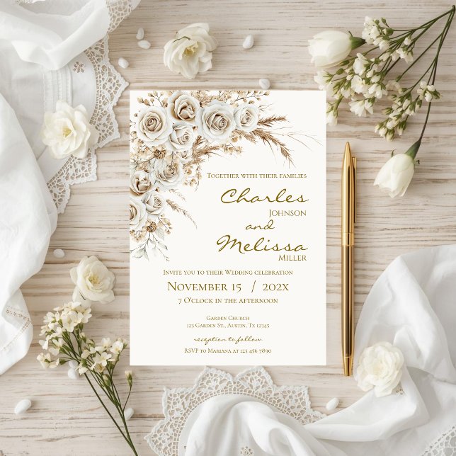Convites Beige and Boho Flowers Wedding Invitation (Criador carregado)