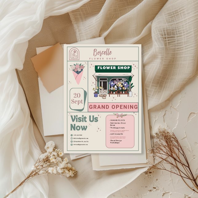 Convites Beige and Green Elegant Flower Shop Opening Card (Criador carregado)